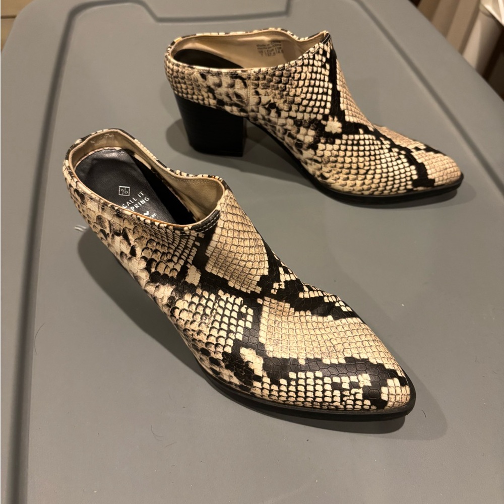 Call It Spring Beige and Black Mules with Snakeskin Pattern